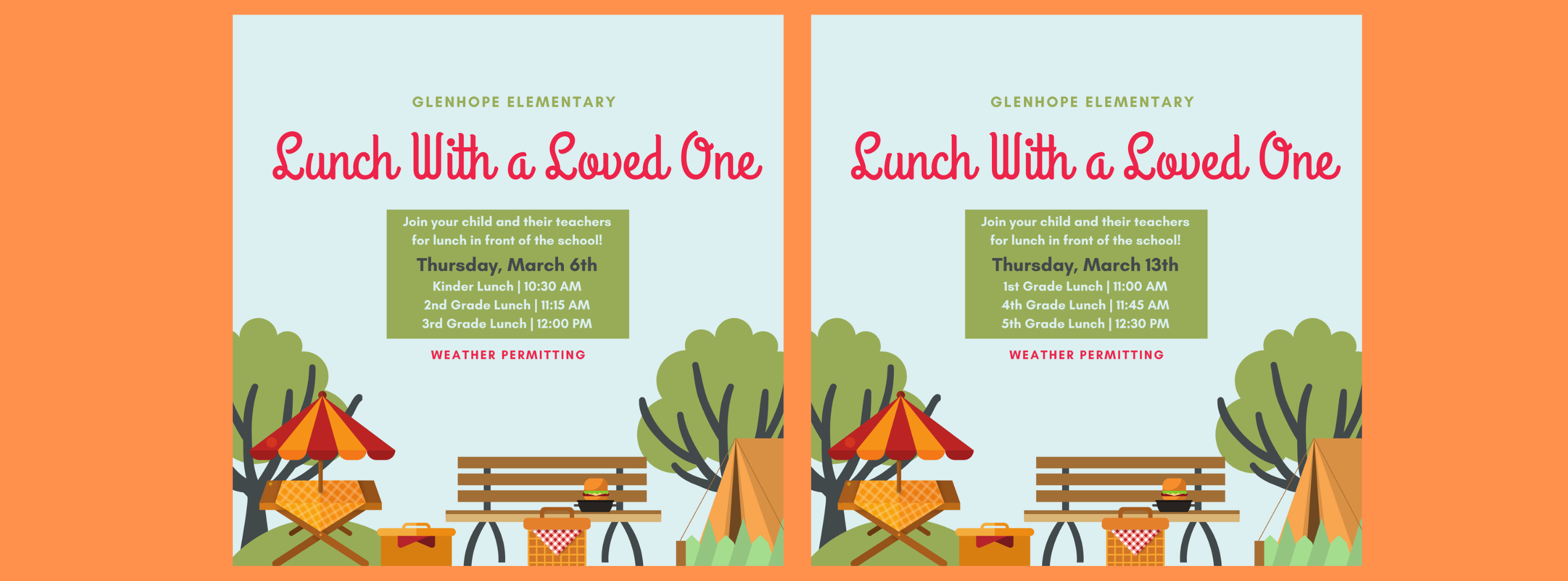 GHES Lunch With a Loved One: Kinder, 2nd, and 3rd are on March 6th during each grade level's lunch time. 1st, 4th, and 5th are on March 13th and each grade level's lunch time.