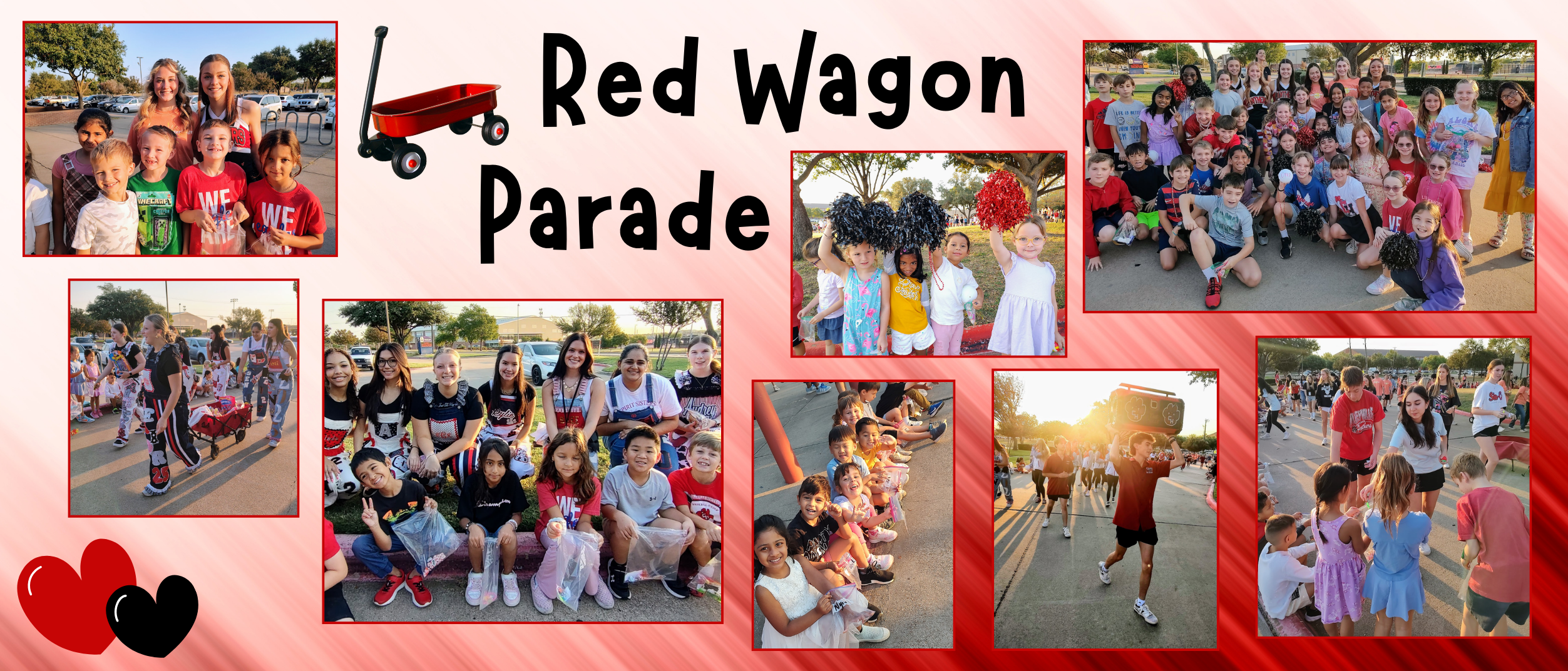 Red Wagon Parade. Heritage Elementary students and Colleyville Heritage High School  students at a homecoming parade in Heritage's bus circle. 