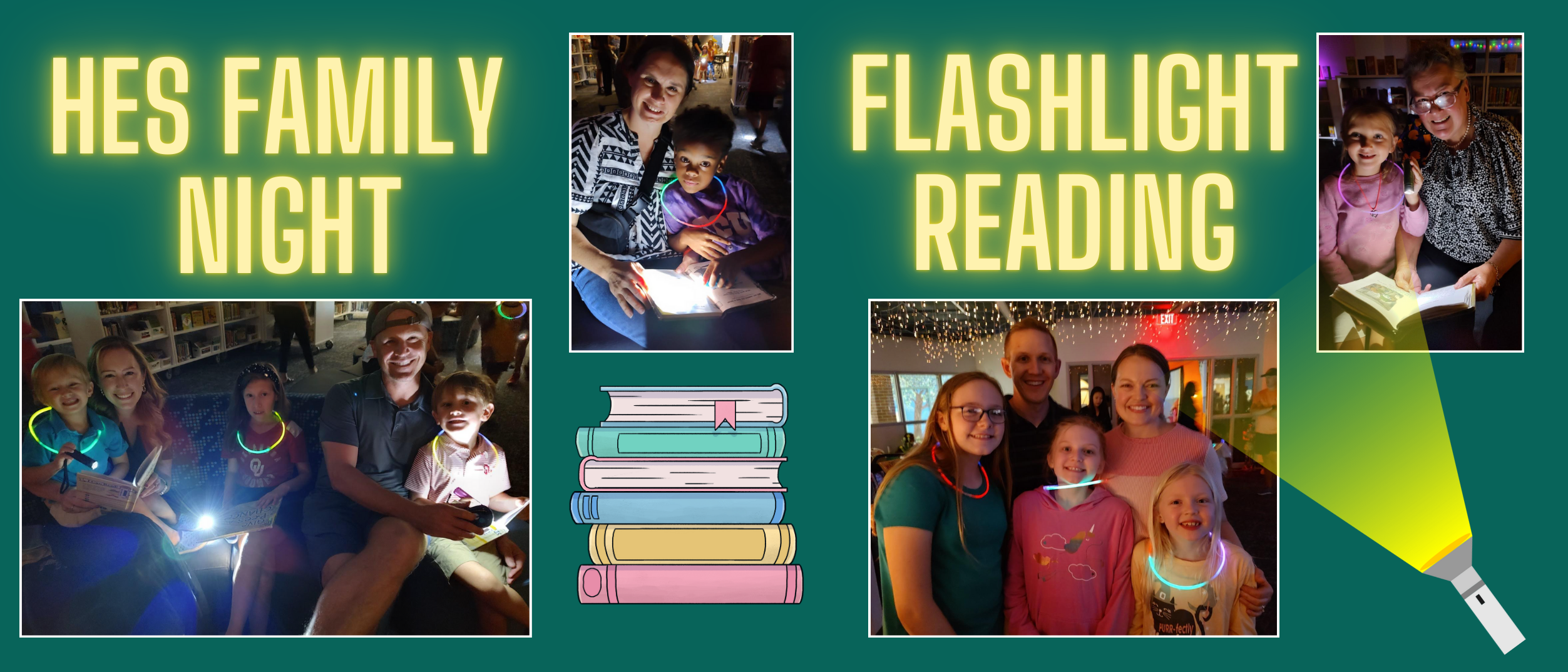 HES Family Night Flashlight Reading - pictures of families reading together with flashlights and the lights off