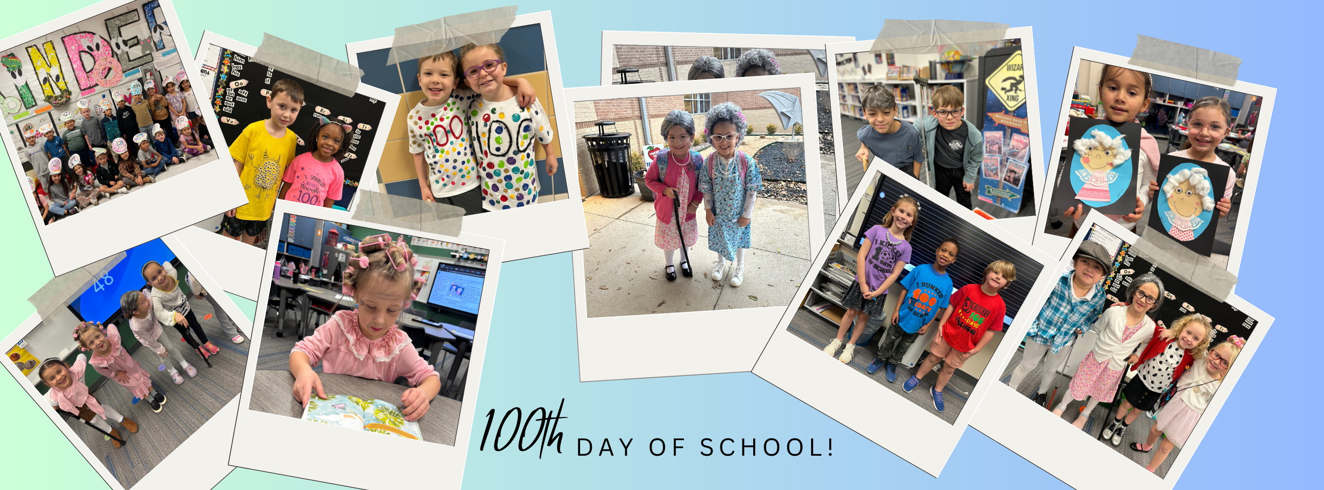 Students dressed like they are 100 years old or wearing 100 days of school t-shirts for the 100th day of school