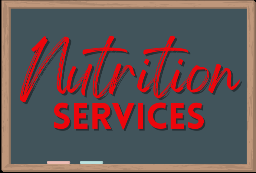 Chalkboard with "Nutrition Services" written in red.