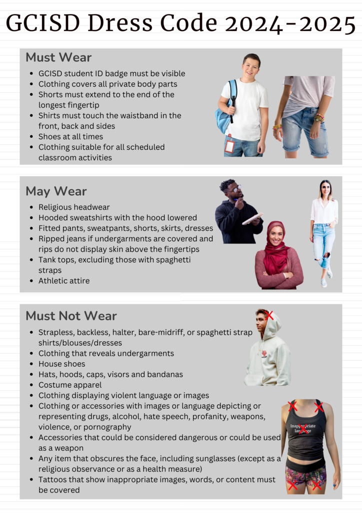 Dresscode Reminders: Students must wear ID badges at all times, no hats/hoods except for religious or medical coverings, shirts must cover midriff and shorts and skirts extend to mid thigh.