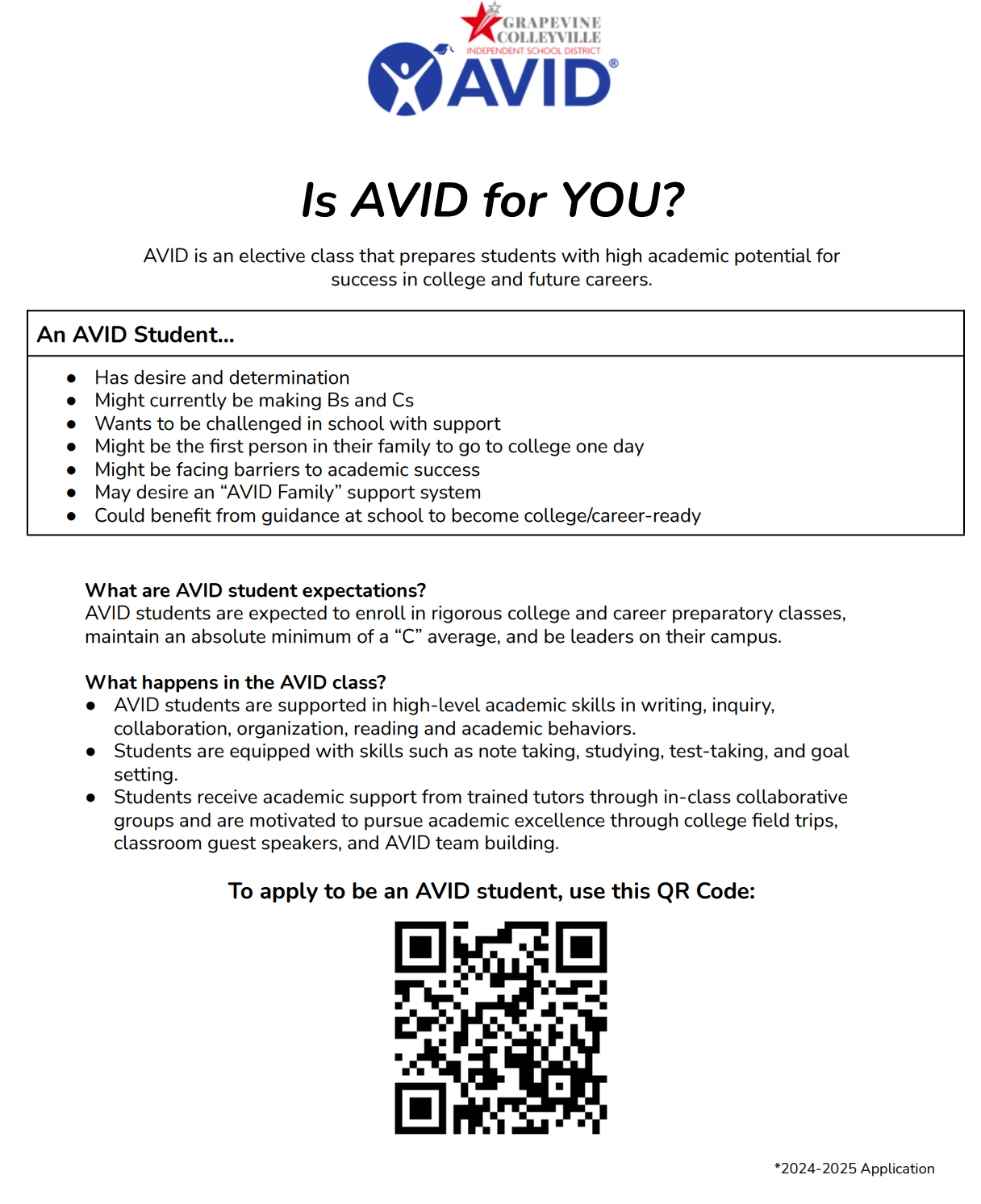 Is avid for you? What is AVID description along with QR code to apply. 24-25 application.