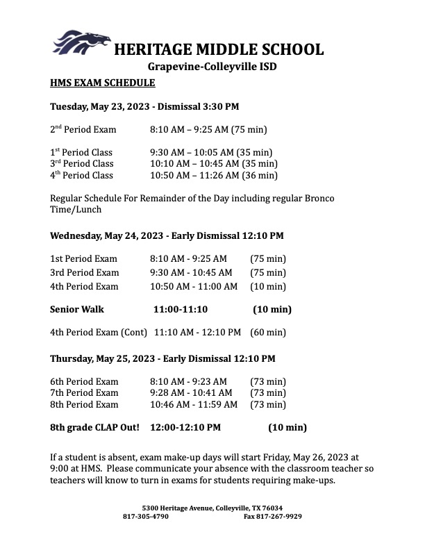 Semester Exam Schedule Heritage Middle School