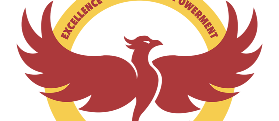 Collegiate Academy Logo: A red phoenix in the middle of a yellow circle, with the words Excellence and Empowerment