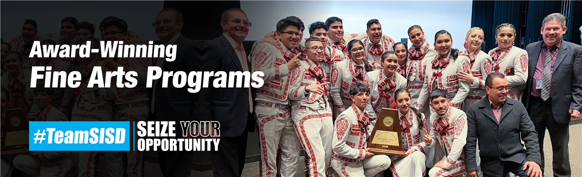 Award-Winning Fine Arts Programs text over students gathered for a photo op after winning something