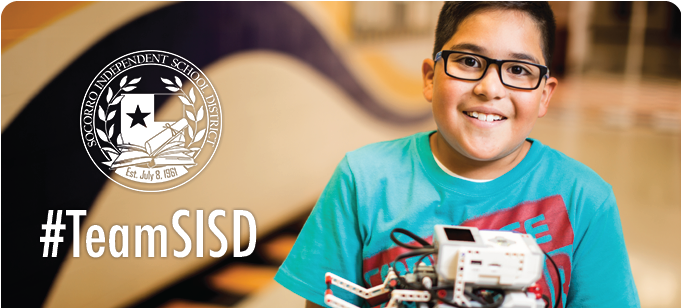 #TeamSISD and logo over kid smiling with robot