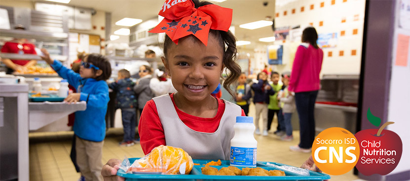Socorro ISD Child nutrition services. Child holding a lunch plate