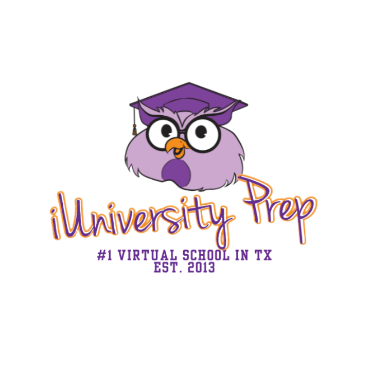 Purple owl mascot with wording that states, iUniversity Prep  #1 Virtual Academy in TX, Est. 2013
