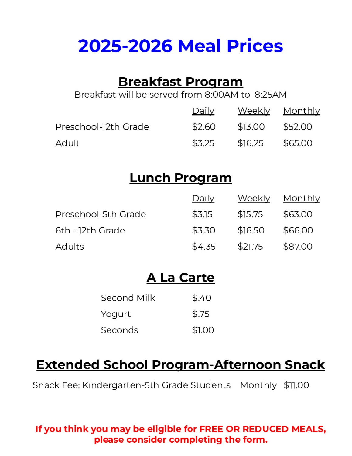 Meal Prices