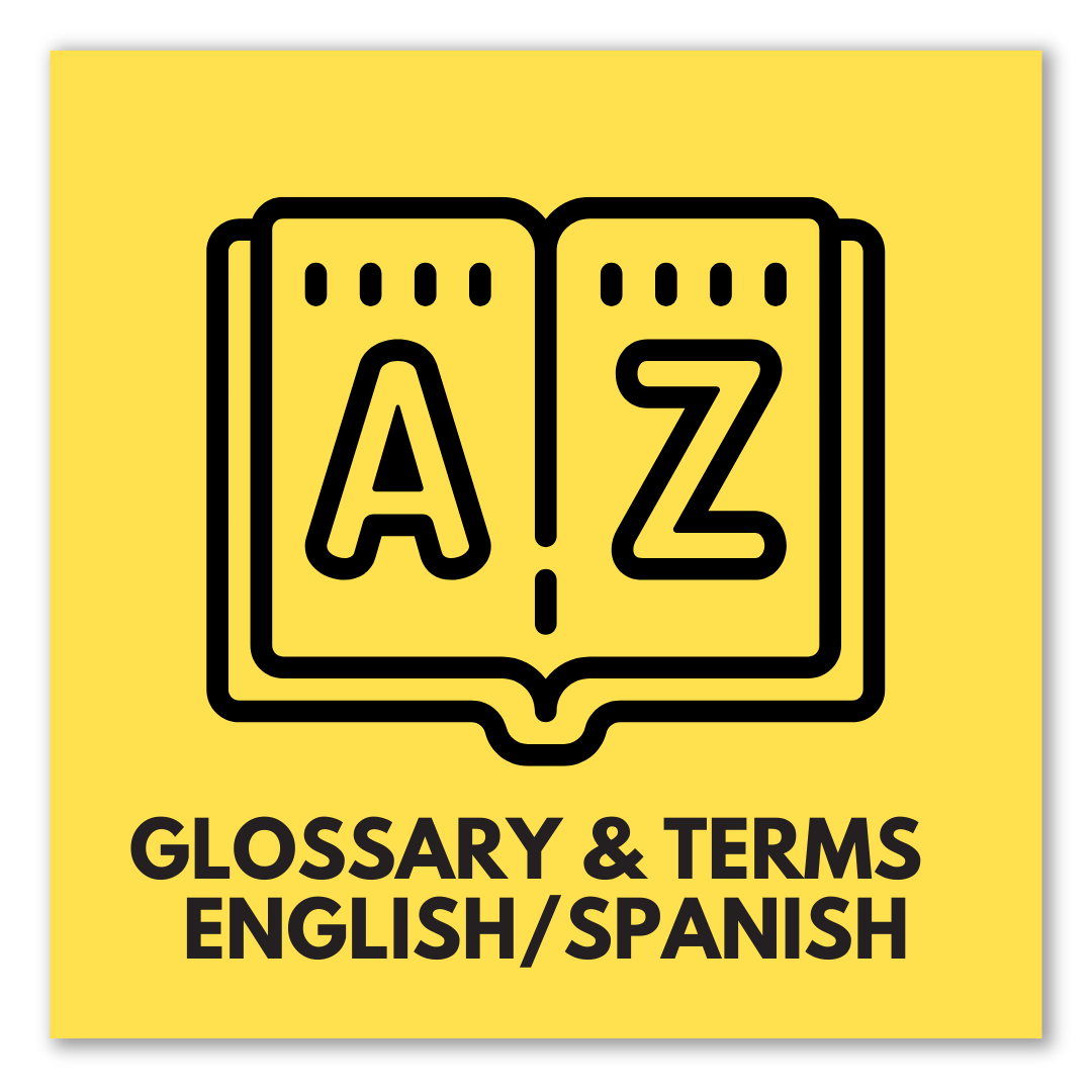 graphic that says Glossary and Terms for English/Spanish