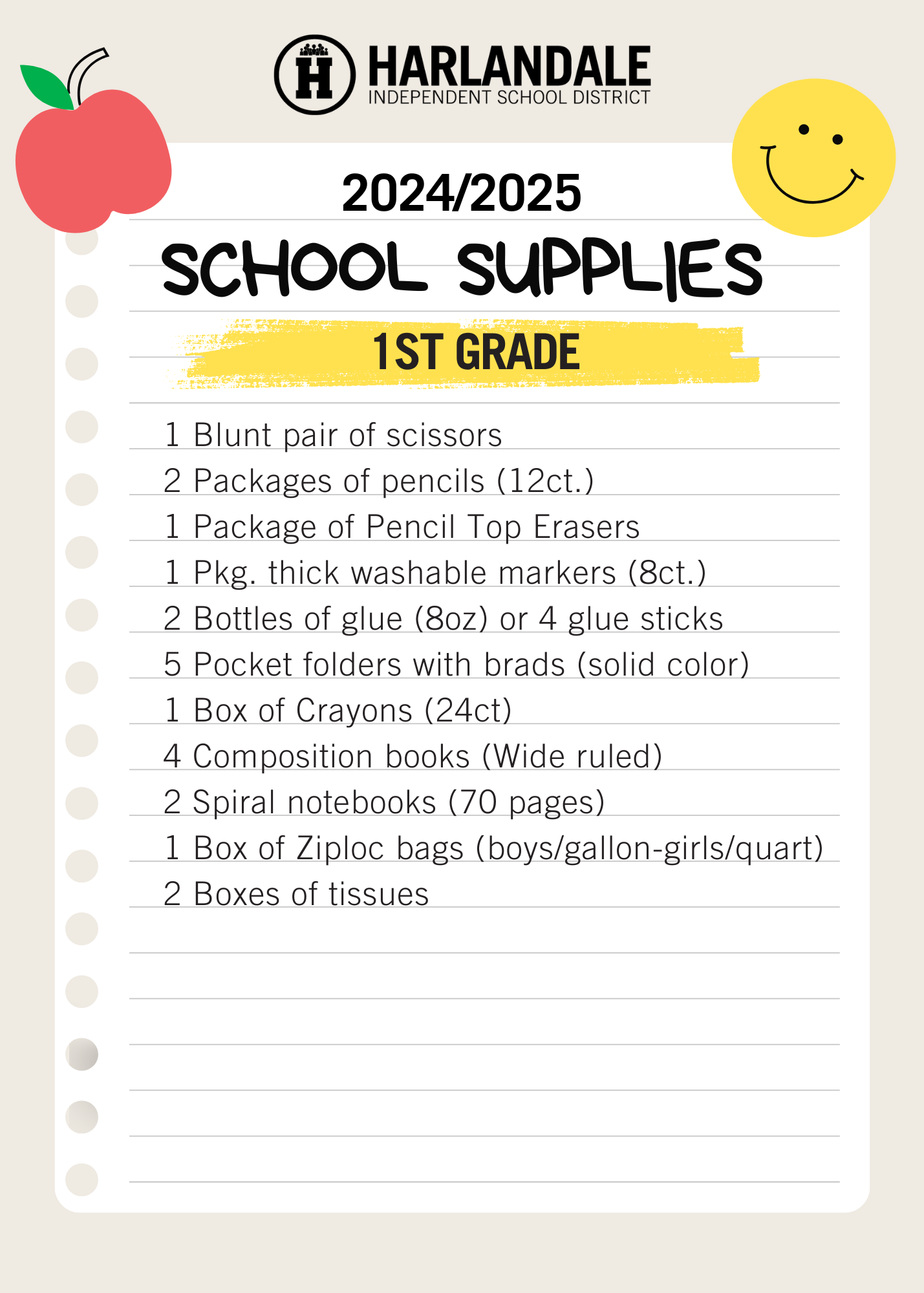 School Supply List 1st Grade