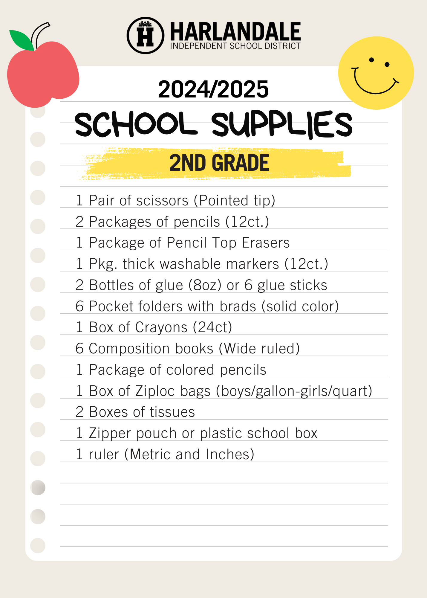 School Supply List 2nd Grade