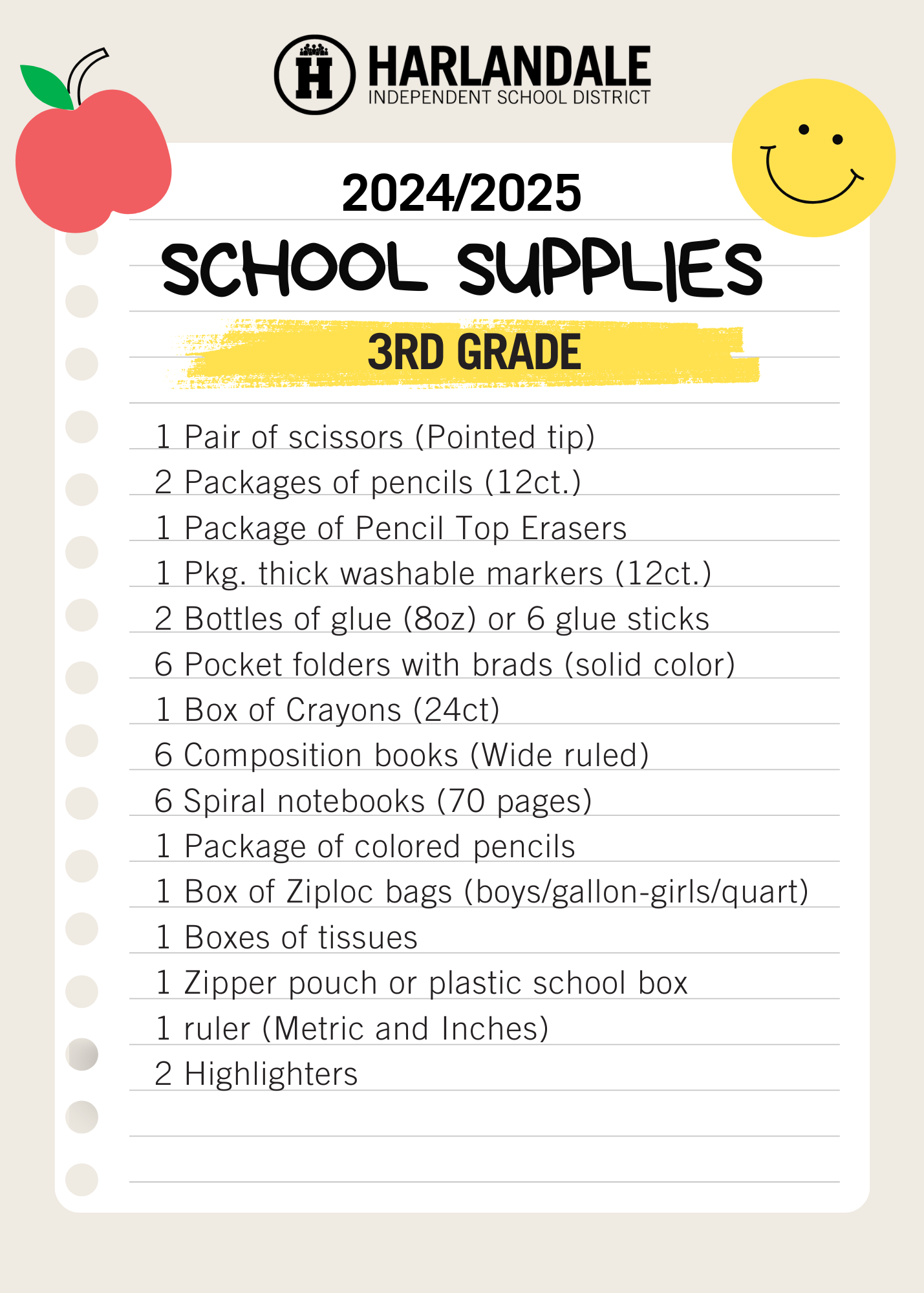 School Supply List 3rd Grade