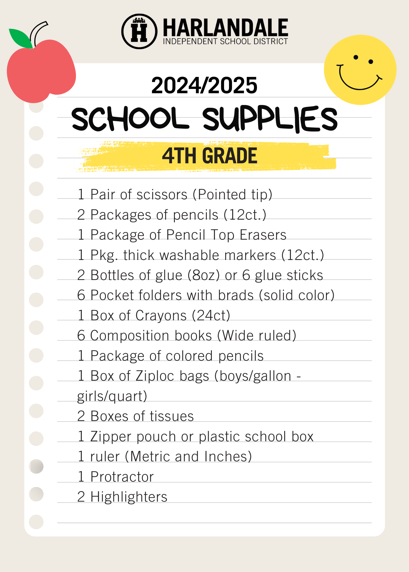 School Supply List 4th Grade