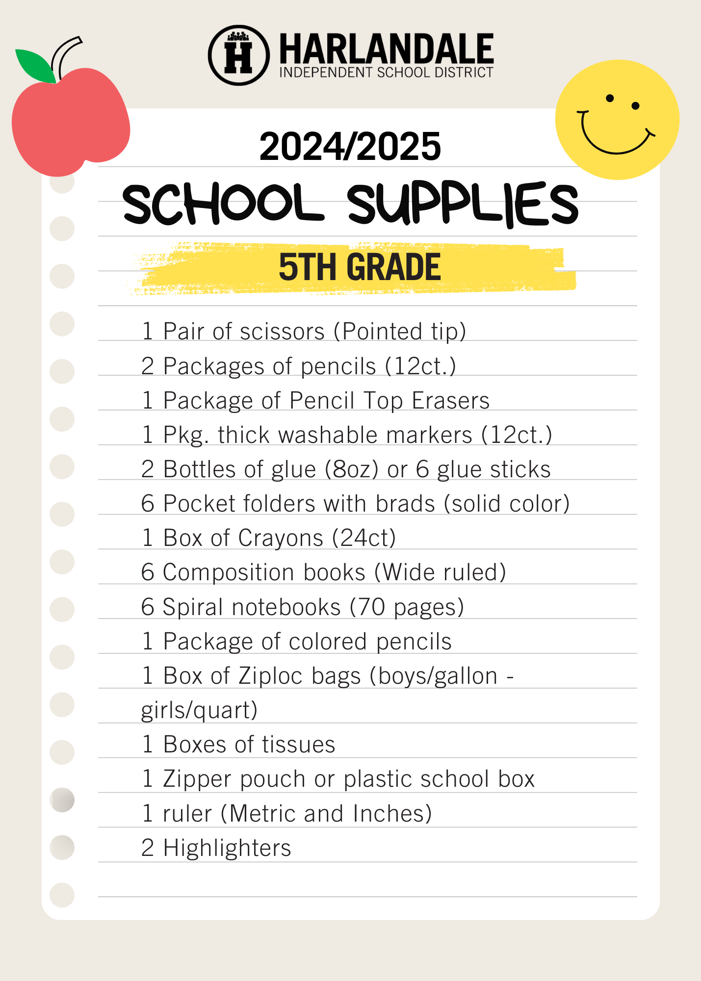 School Supply List 5th Grade