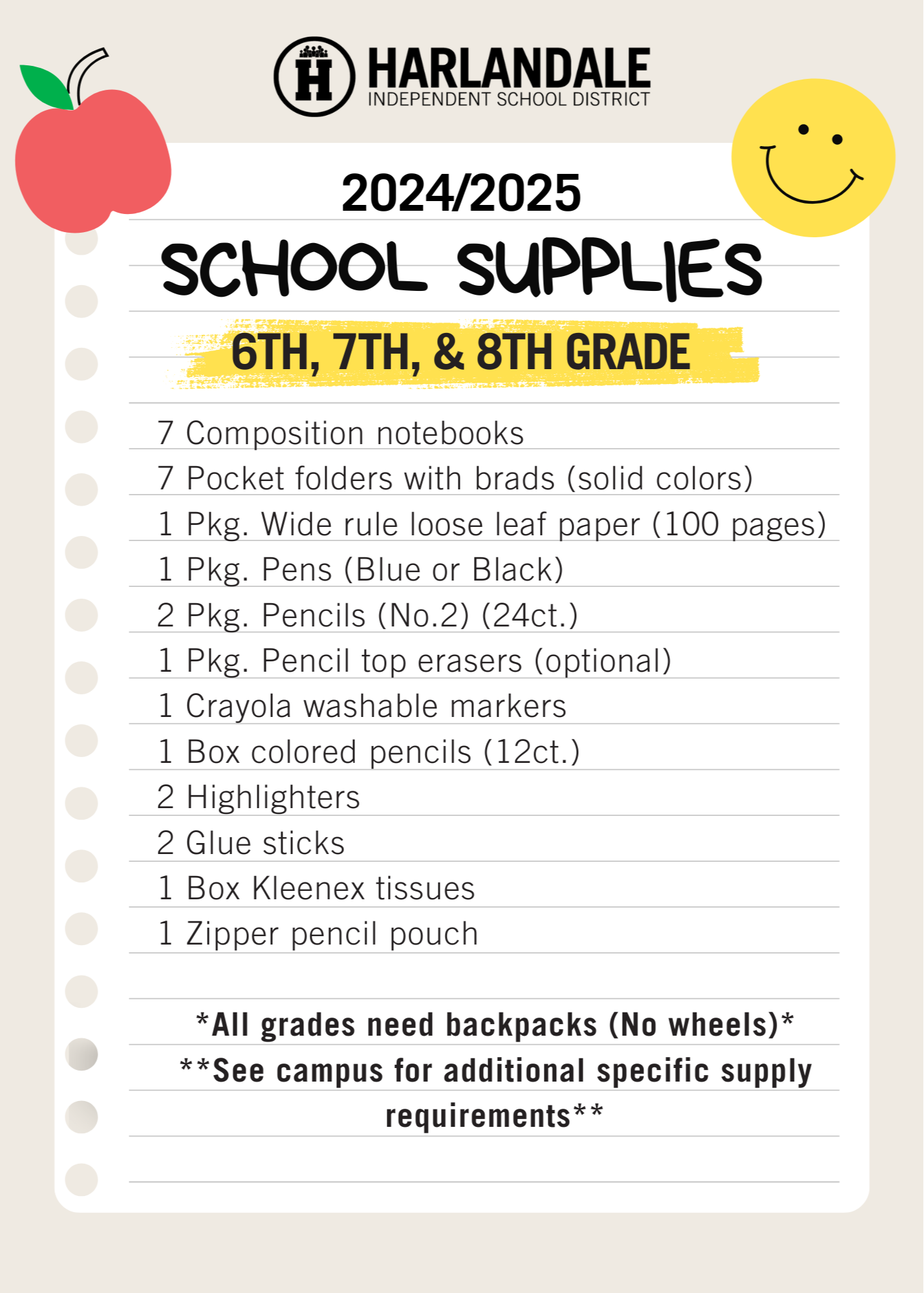 School Supply List 6th, 7th, & 8th Grade