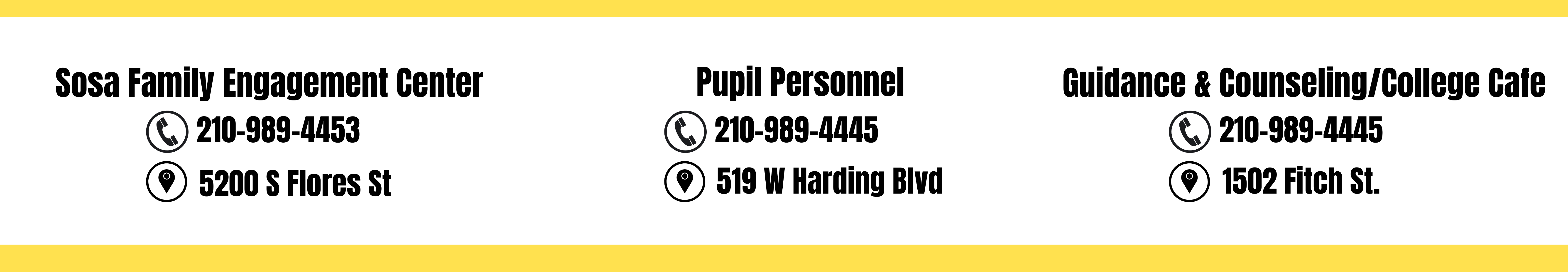 Sosa Family Engagement Center  901 March Avenue  San Antonio, TX 78214  210-989-4453  Guidance & Counseling/College Café  1502 Fitch Street  San Antonio, TX 78211  210-989-4378  Pupil Personnel  906 March Avenue  San Antonio, TX 78214  210-989-4445