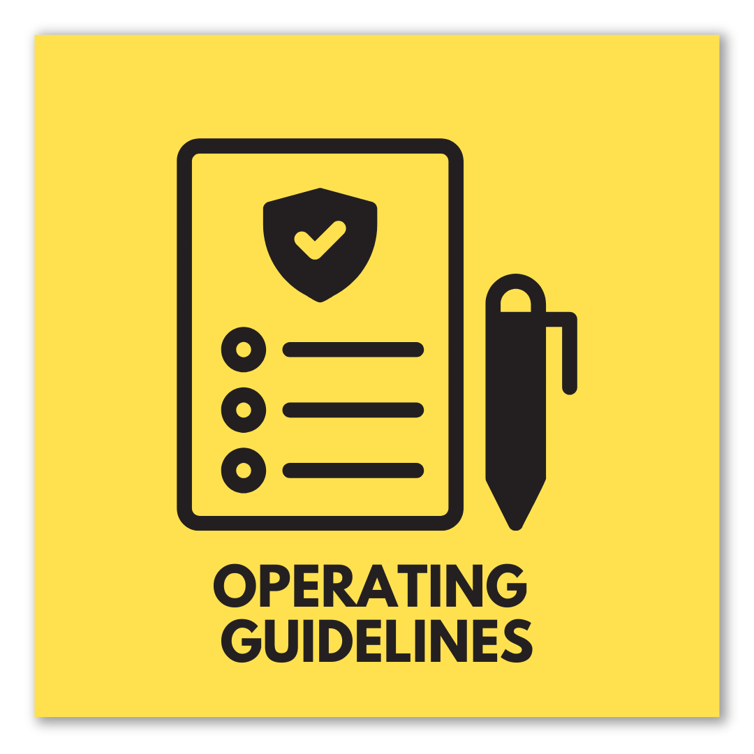 Yellow graphic with pencil and paper outline  that says operating guidelines 