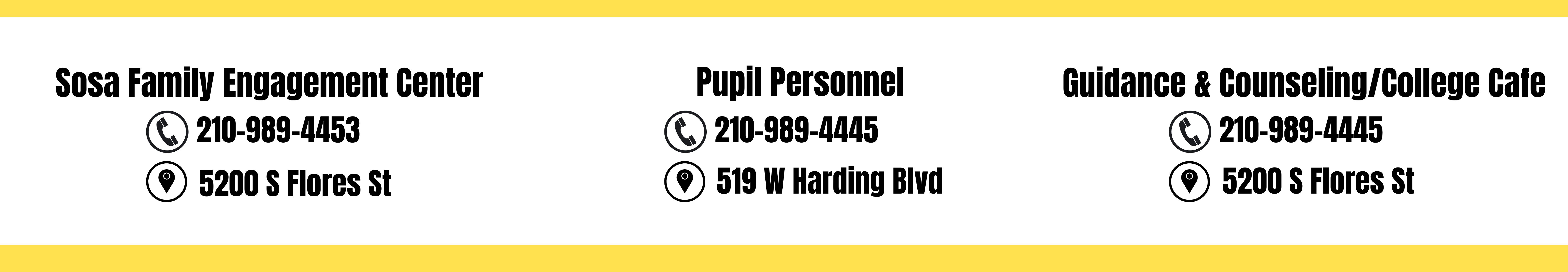 Sosa Family Engagement Center  901 March Avenue  San Antonio, TX 78214  210-989-4453  Guidance & Counseling/College Café  1502 Fitch Street  San Antonio, TX 78211  210-989-4378  Pupil Personnel  906 March Avenue  San Antonio, TX 78214  210-989-4445