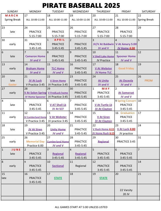 2025 GHS Baseball Calendar (tentative)