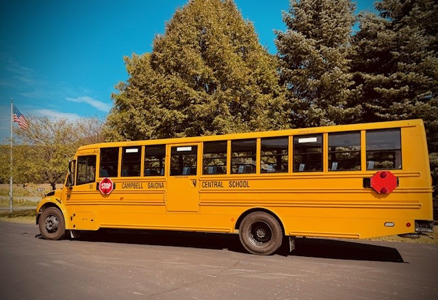 close up of school bus with district name