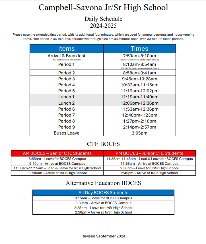 jr sr hihg school schedule