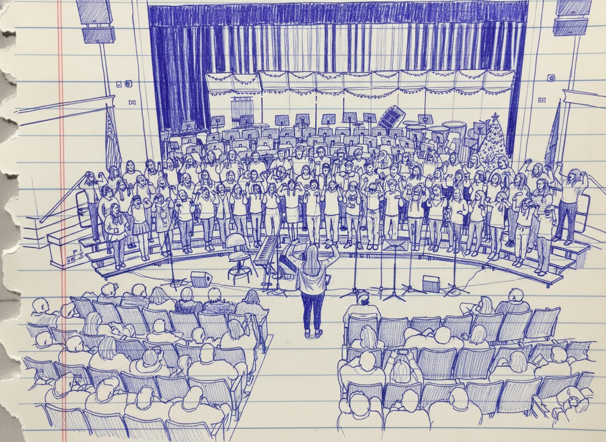 Pencil drawing effect of the chorus on the risers in the auditorium