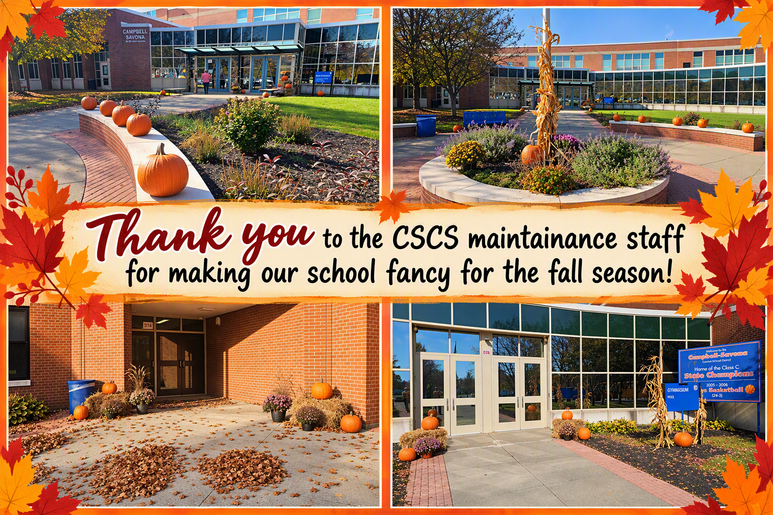 Collage of the school with fall decorations