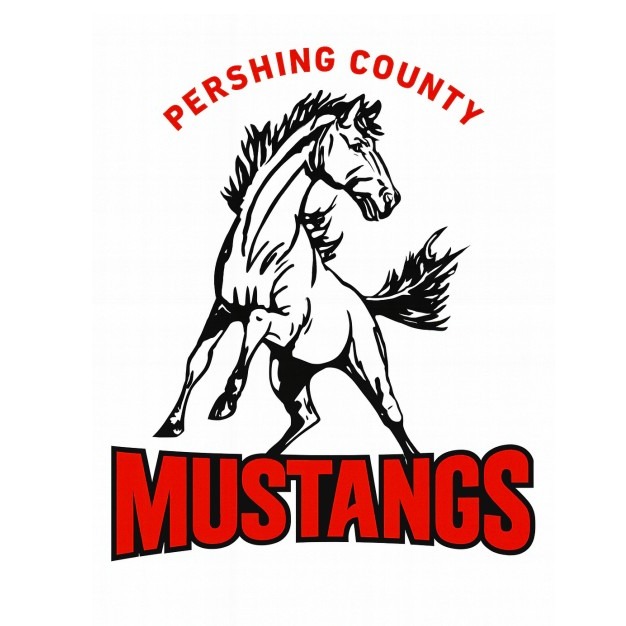 A white background displays a logo with a horse running. "PERSHING COUNTY" is above, and "MUSTANDS" is below.