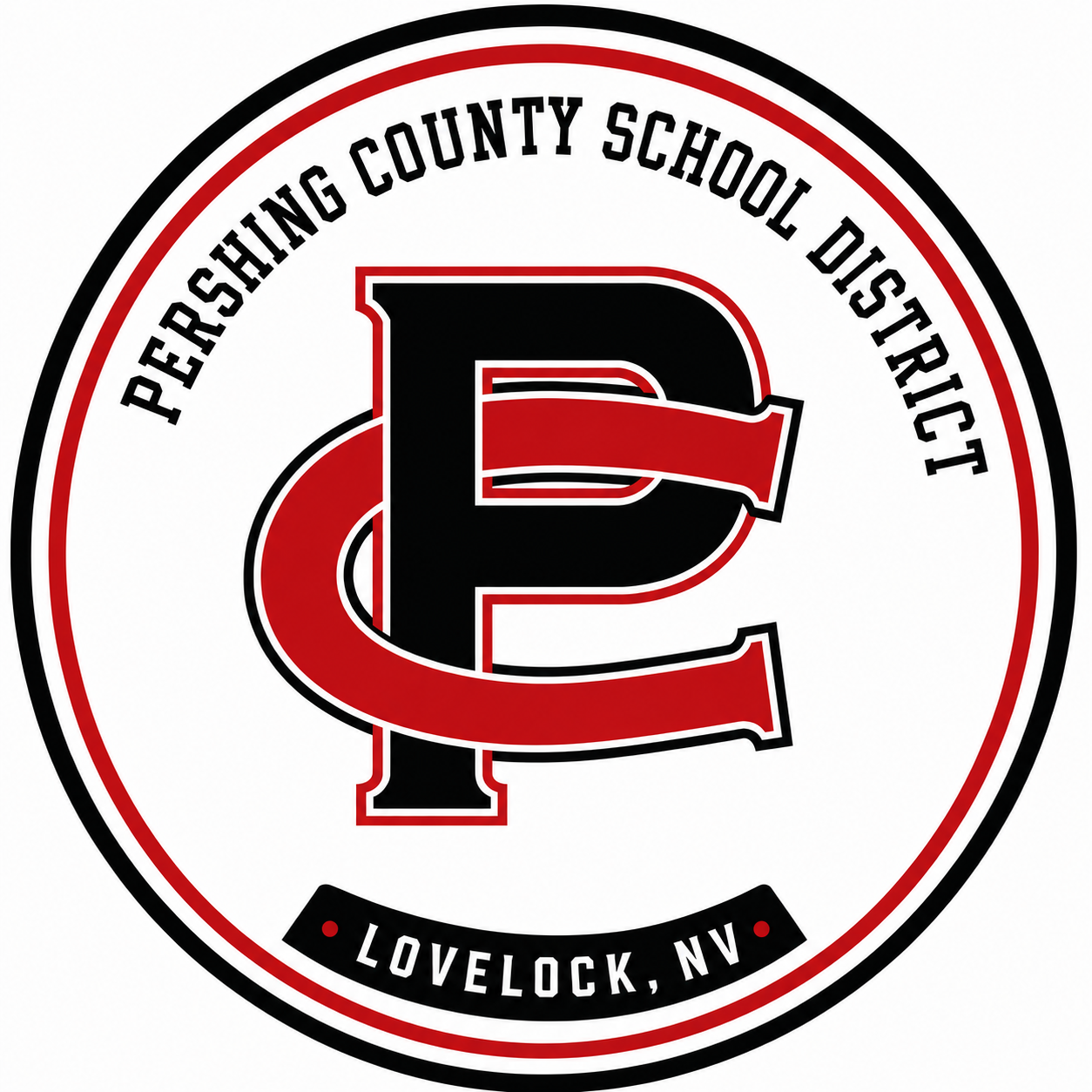 Logo for Pershing County School District in Lovelock, NV. Circular with a red and black "P" and "SC" inside.