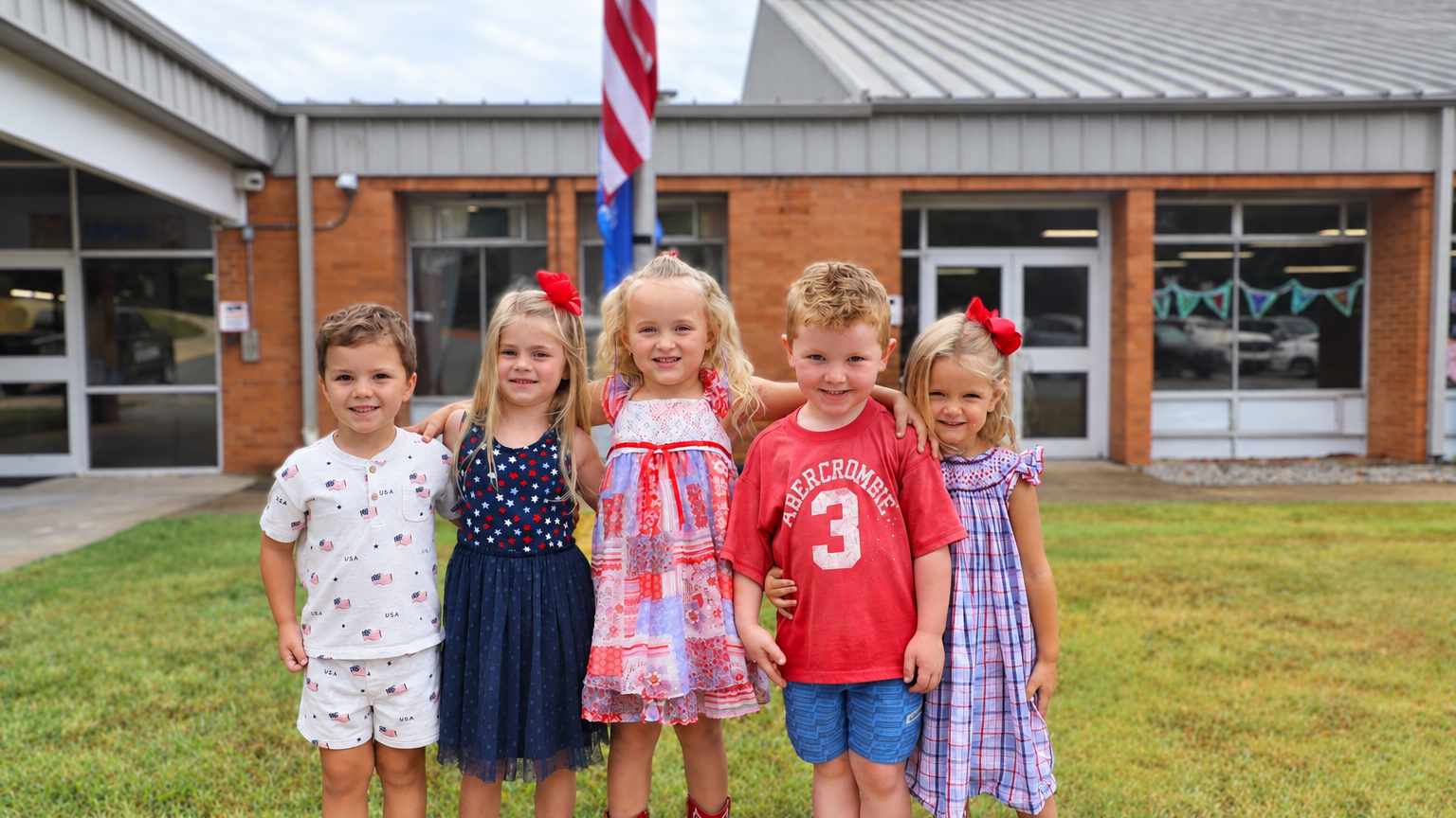 Five young children standing shoulder-to-shoulder on a grassy lawn in front of a brick school building, all smiling at the camera.