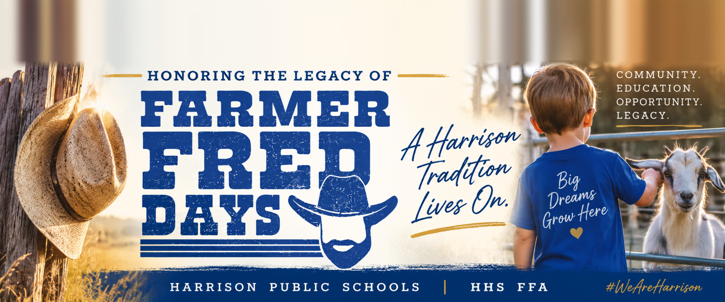 Promotional banner for "Farmer Fred Days" featuring text reading "Honoring the legacy of Farmer Fred Days: A Harrison Tradition Lives On," alongside a straw hat hanging on a fence post and a young boy in a blue shirt petting a white goat.