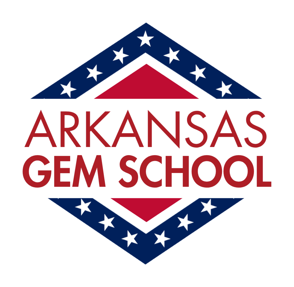 A diamond-shaped logo for "ARKANSAS GEM SCHOOL" featuring a red, white, and blue patriotic design. The top and bottom sections consist of dark blue triangular borders lined with five white stars each, framed around red inner triangles. Center stage is taken by the words "ARKANSAS GEM SCHOOL" in bold red capital letters across two lines on a solid white background. Click to read the Harrison Public Schools article detailing their "A District" rating and Arkansas Gem School recognitions at https://www.harrisongoblins.org/article/3176445.