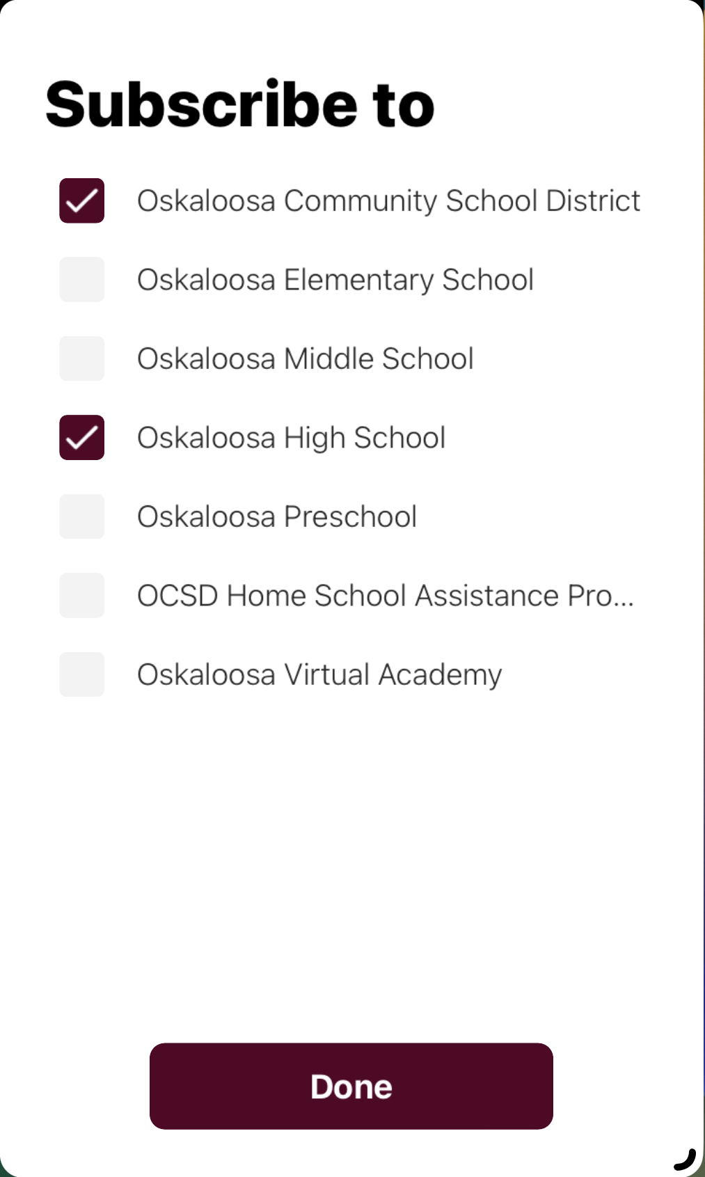 Select schools to Subscribe to