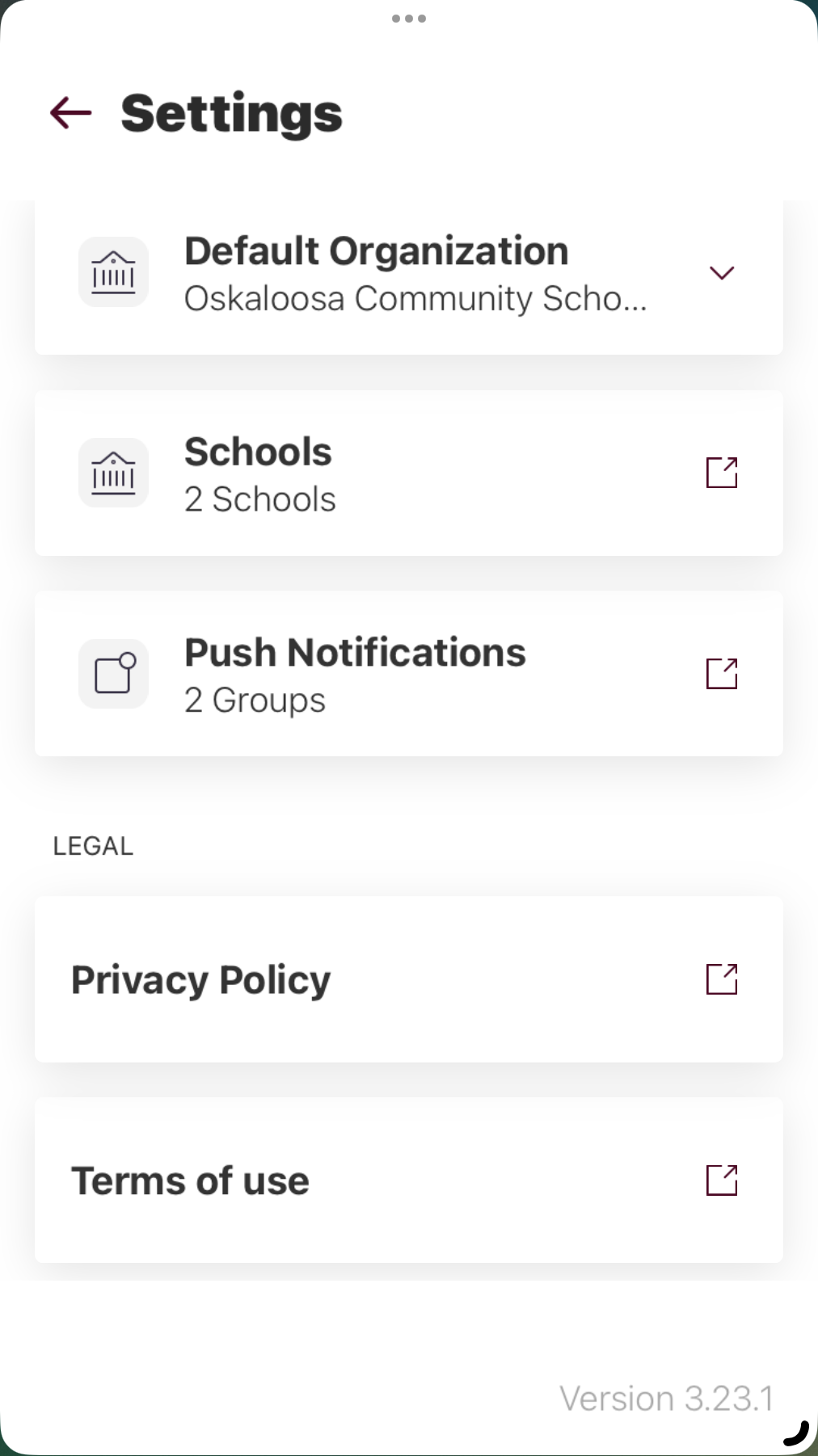 Mobile App settings screen