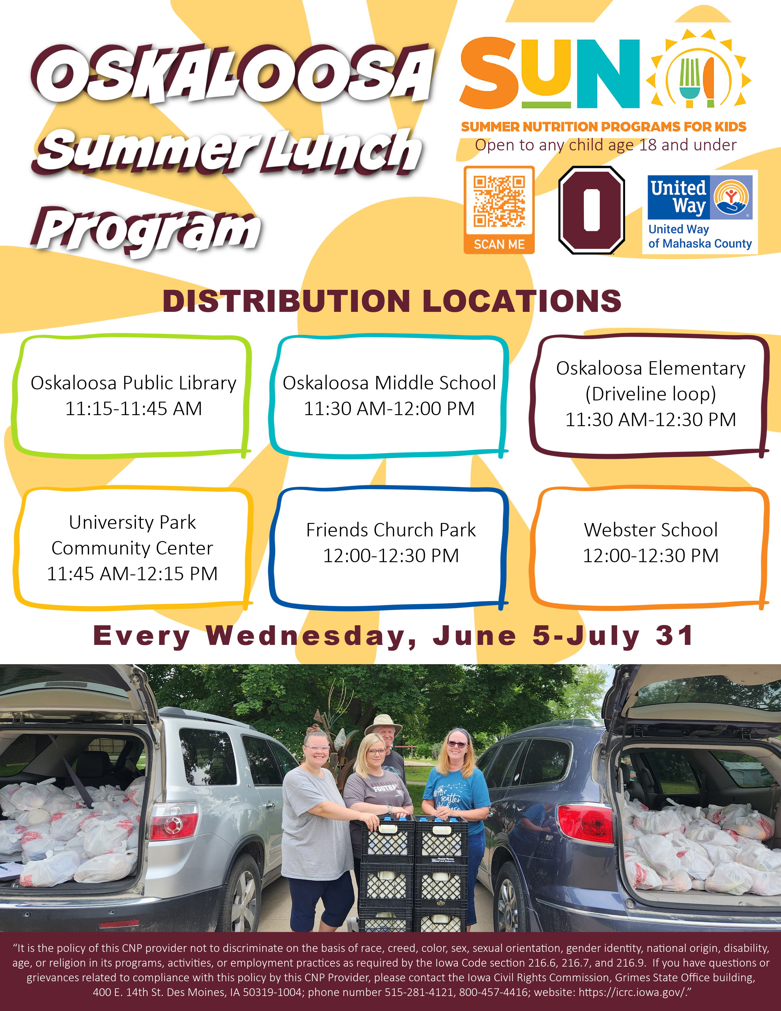 Oskaloosa Summer Lunch tentative locations. Summer Lunch & Summer Reading Kickoff June 3.