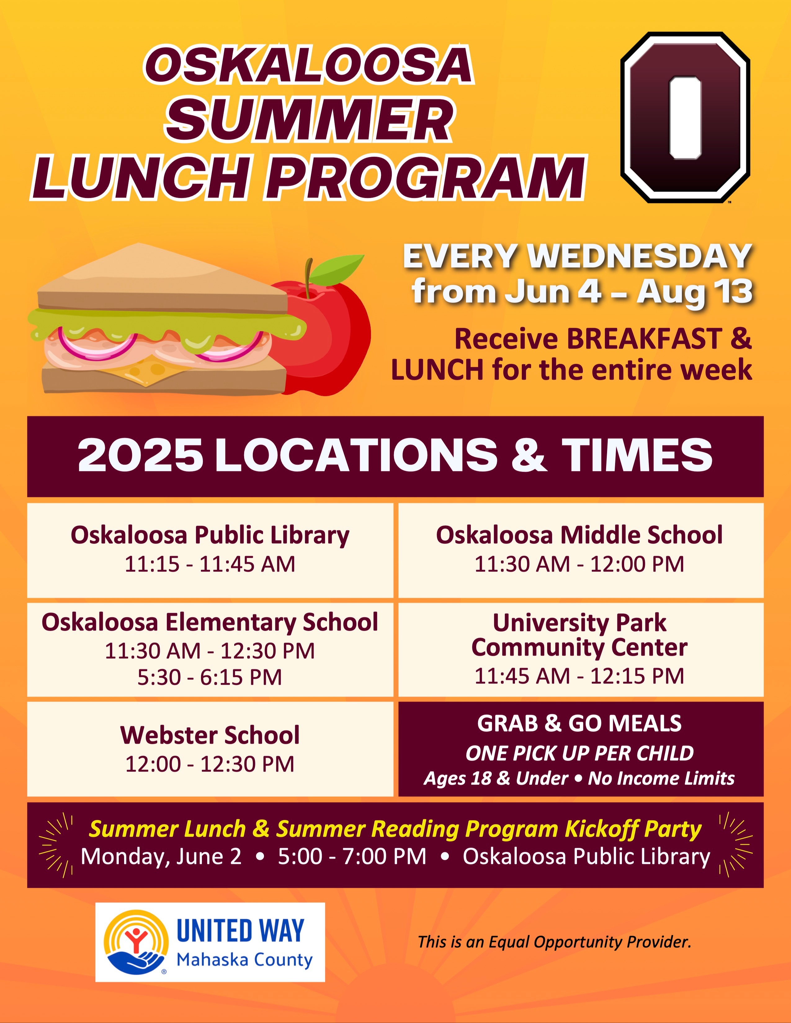 Oskaloosa Summer Lunch tentative locations. Summer Lunch & Summer Reading Kickoff June 3.