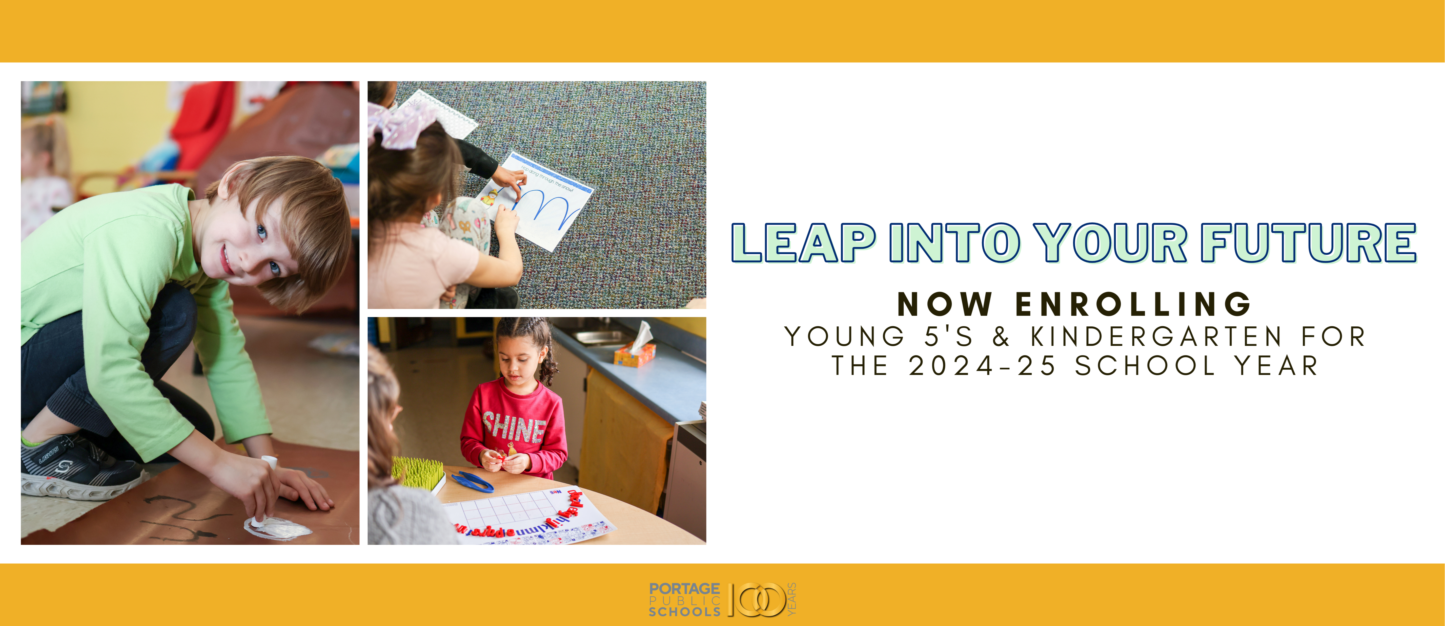 a photo of students next to text that says leap into your future now enrolling for the 24-25 school year