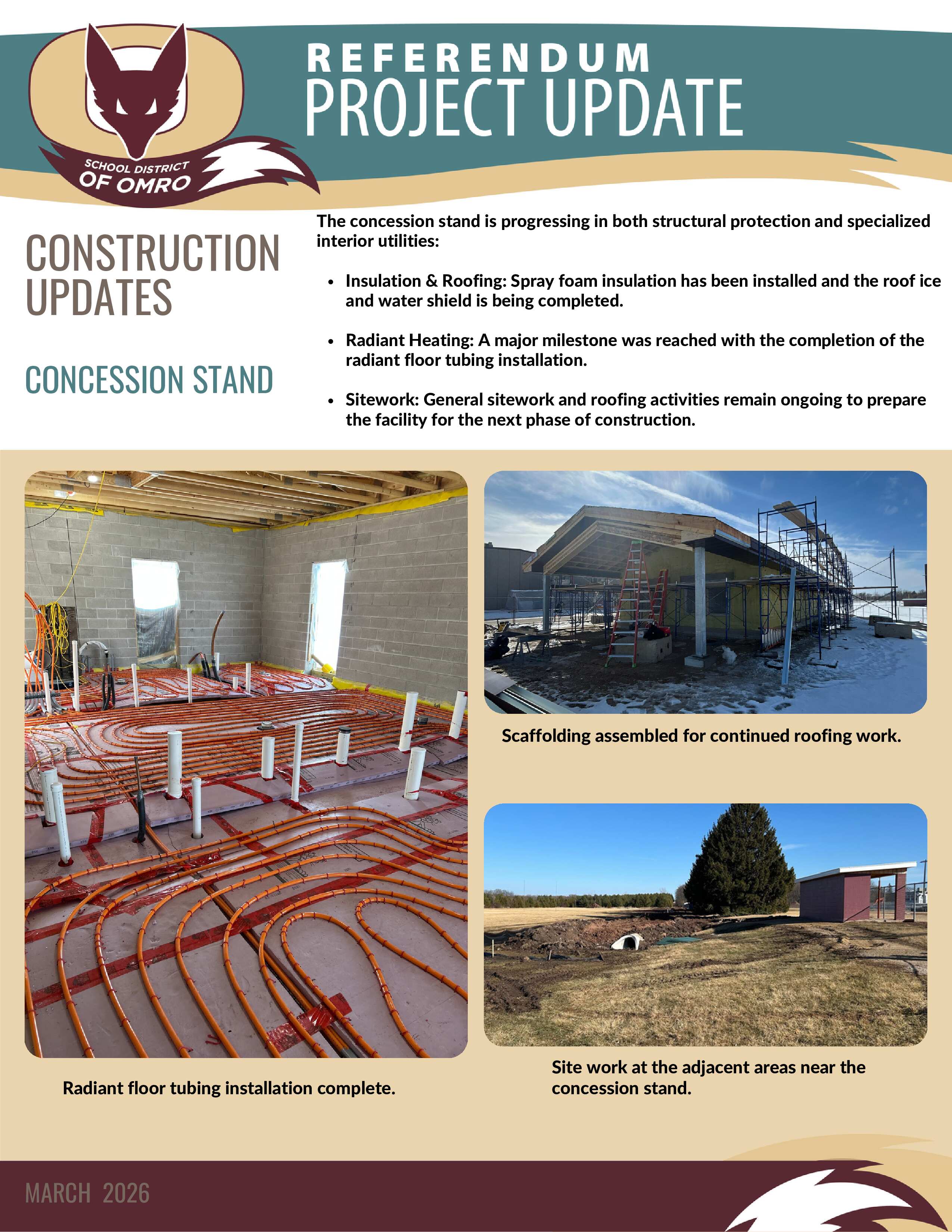 Flyer with information about a Concession Stand project and three pictures of the ongoing work.