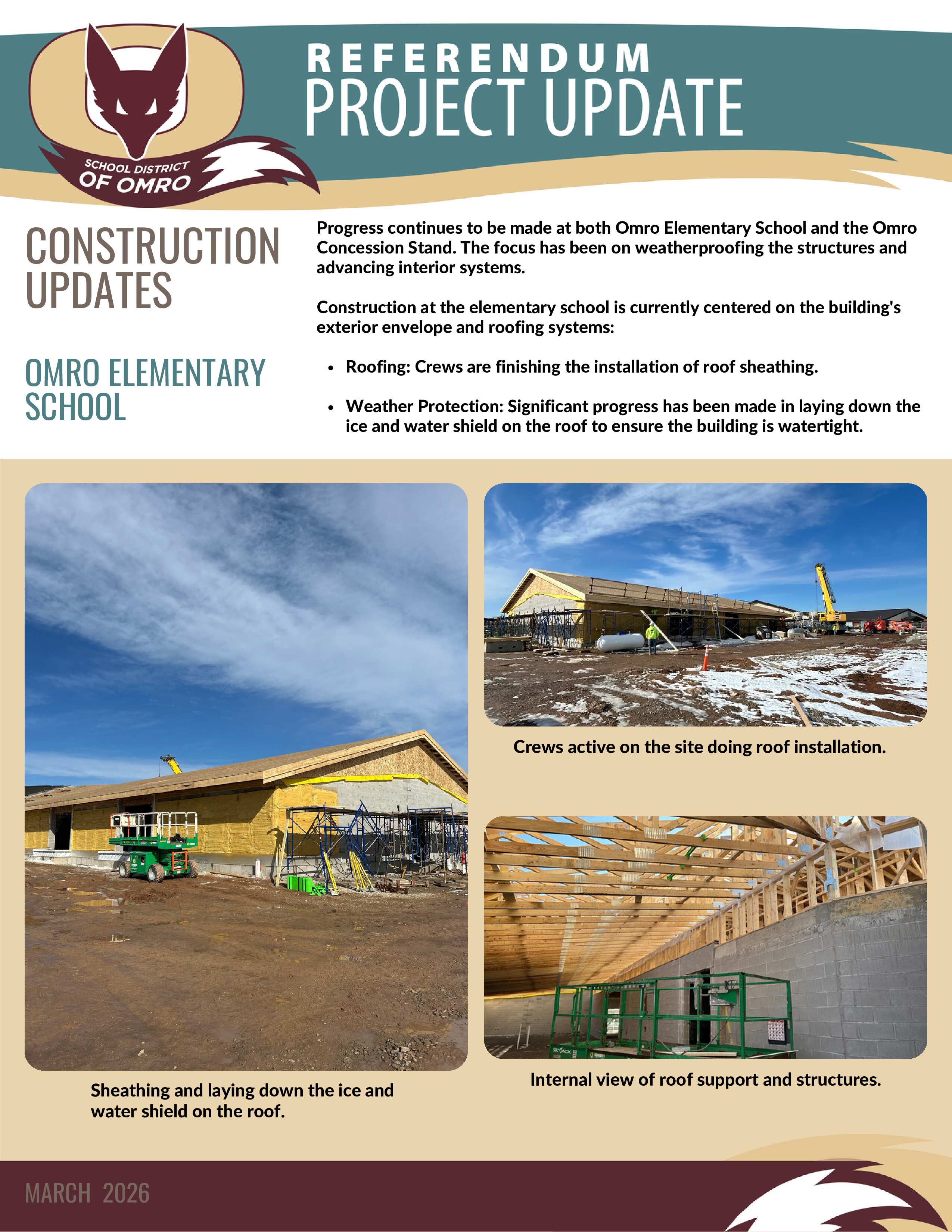 Flyer with information about construction updates related to Omro Elementary School, including three pictures of the work.
