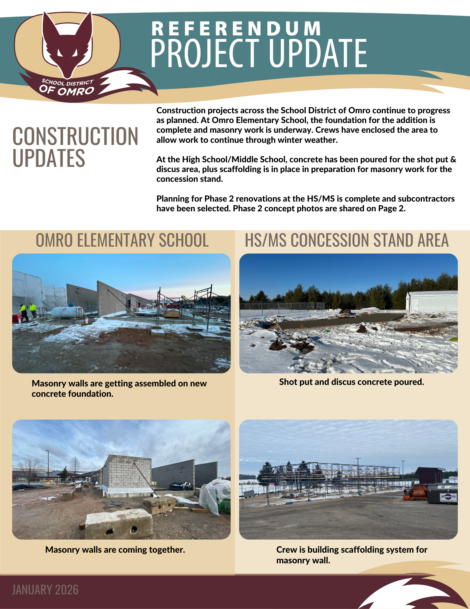 Flyer communicating Project Updates for referendum construction.