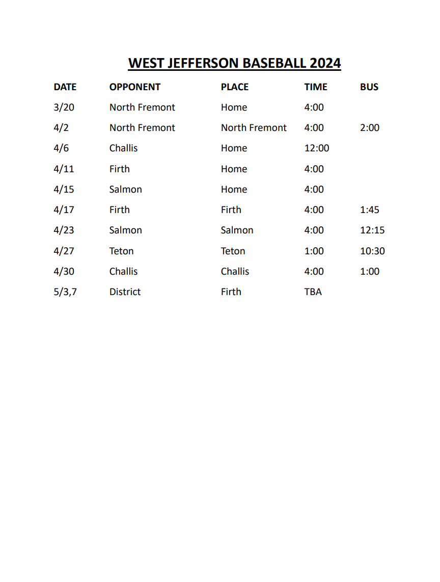 Baseball Schedule