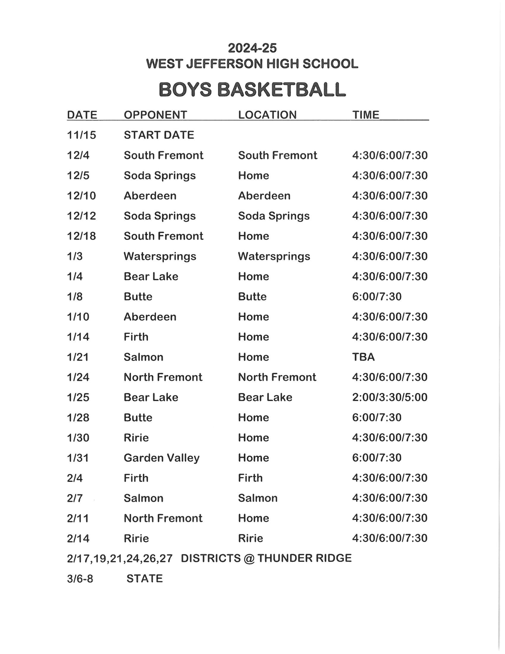 HS Boys Basketball Schedule