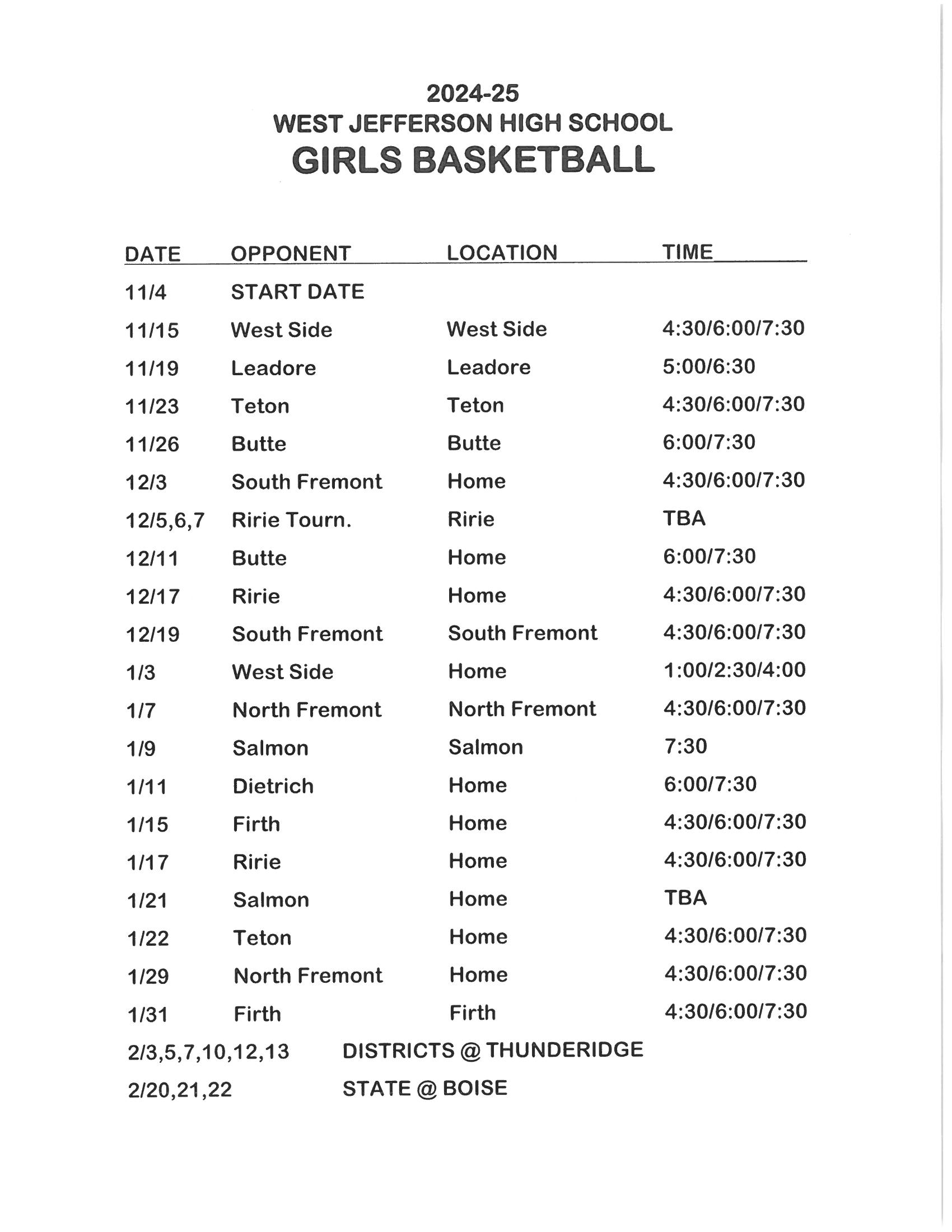 HS Girls Basketball Schedule