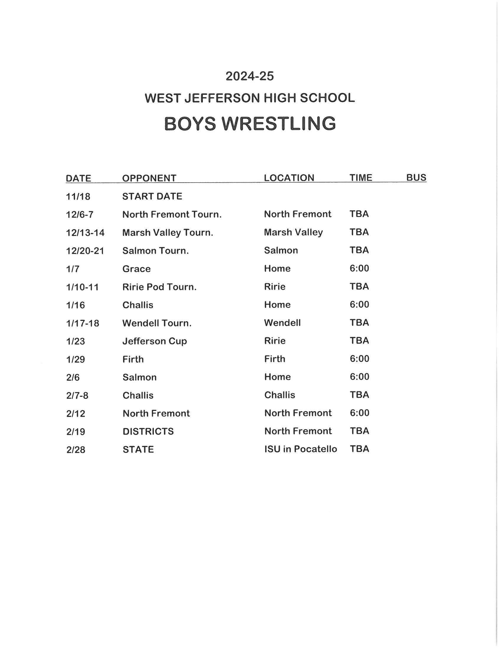 HS Boys Wrestling Schedule