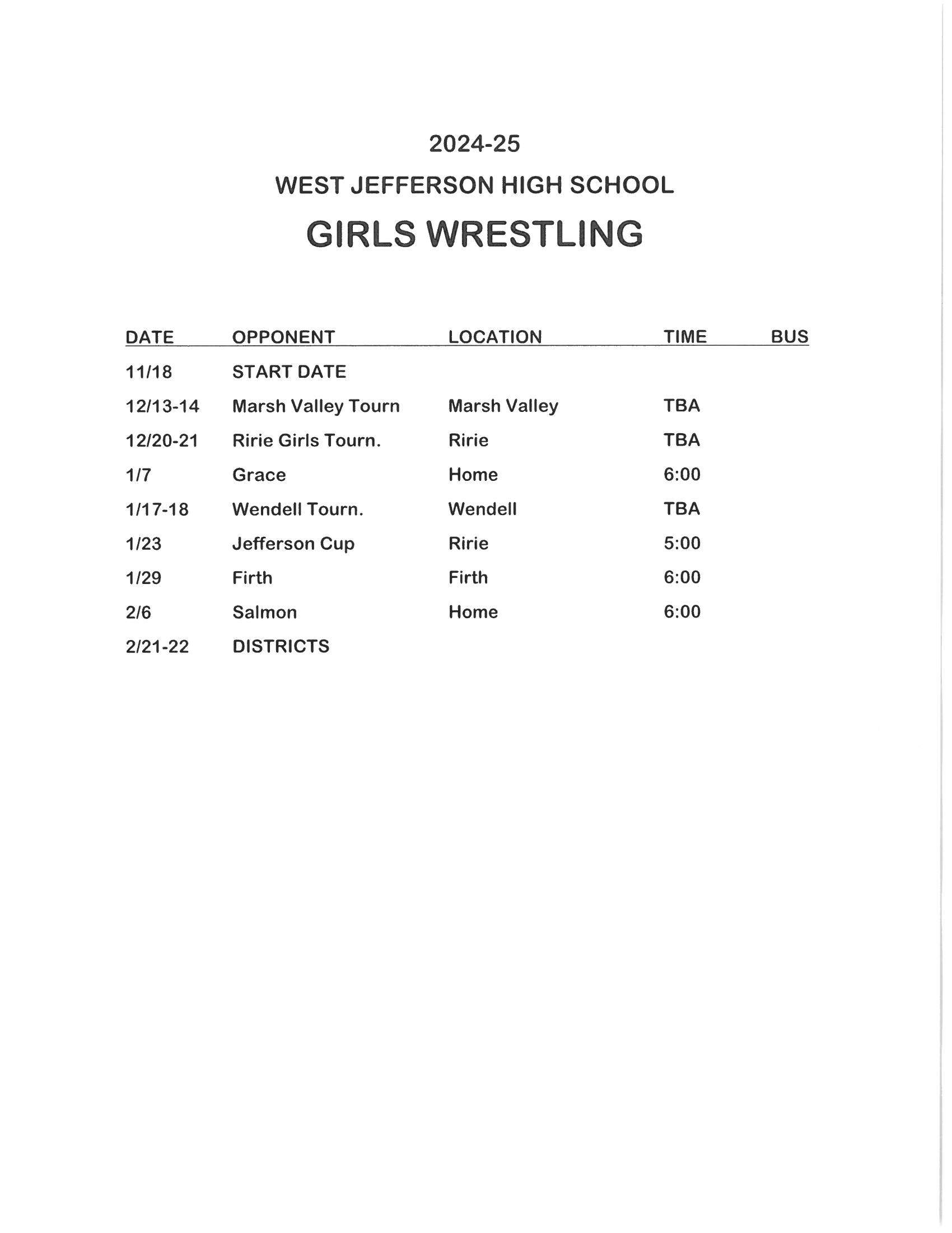 HS Girls Wrestling Schedule