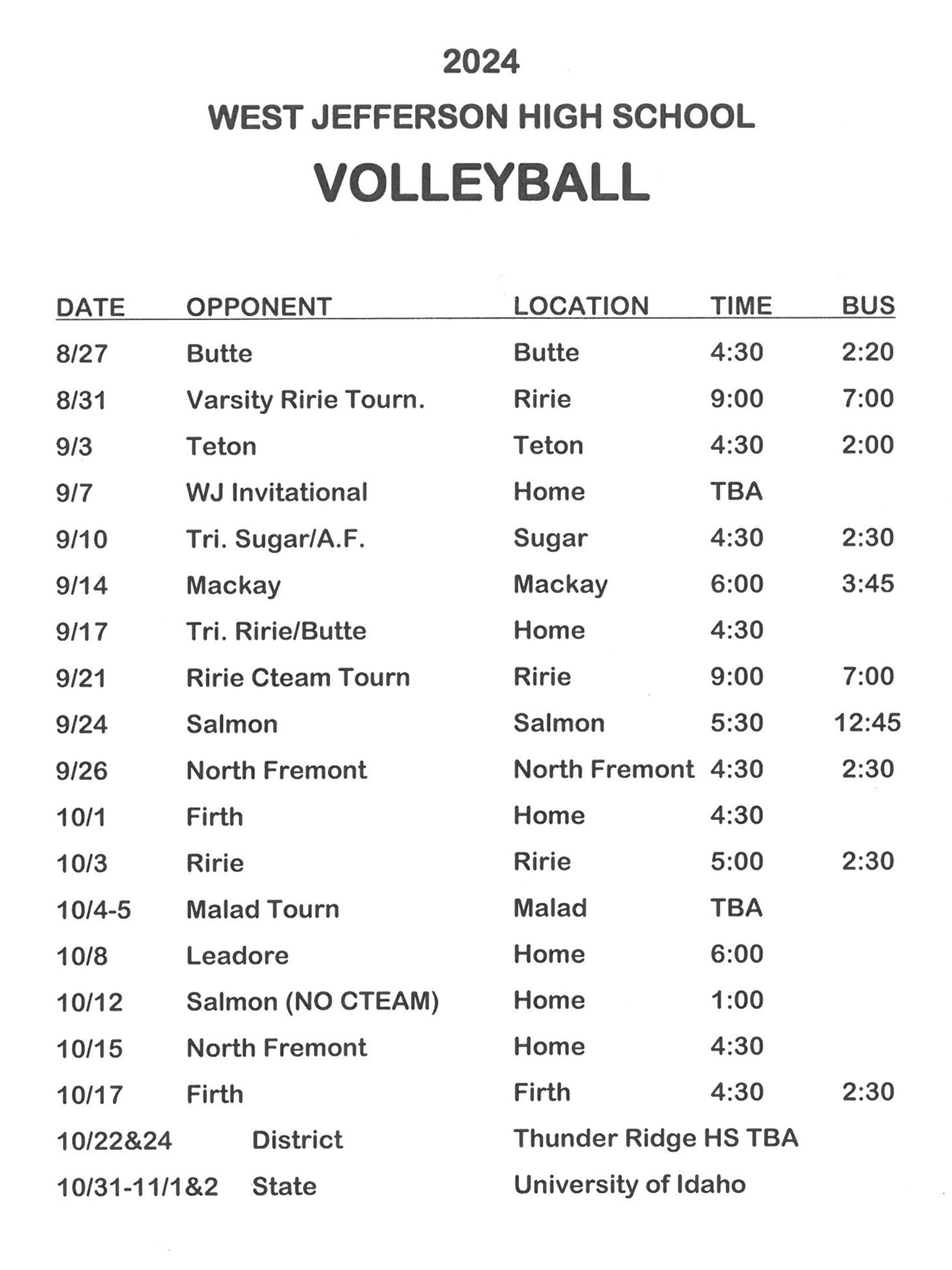 HS Volleyball Schedule