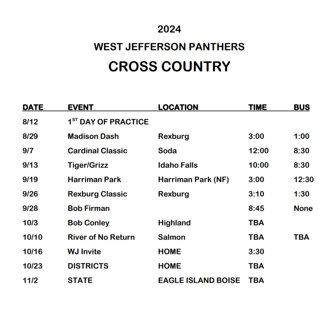 HS Cross Country Schedule