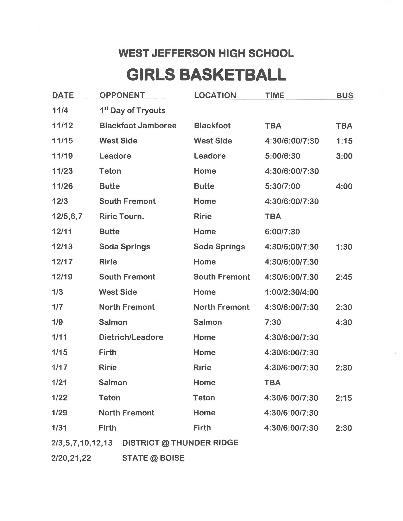 HS Girls Basketball Schedule